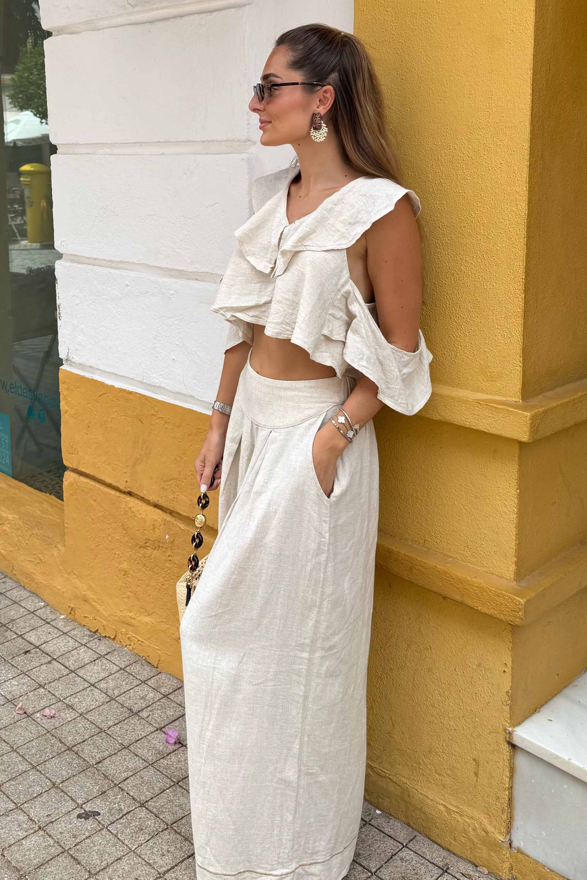 Natural Linen Frilled Blouse