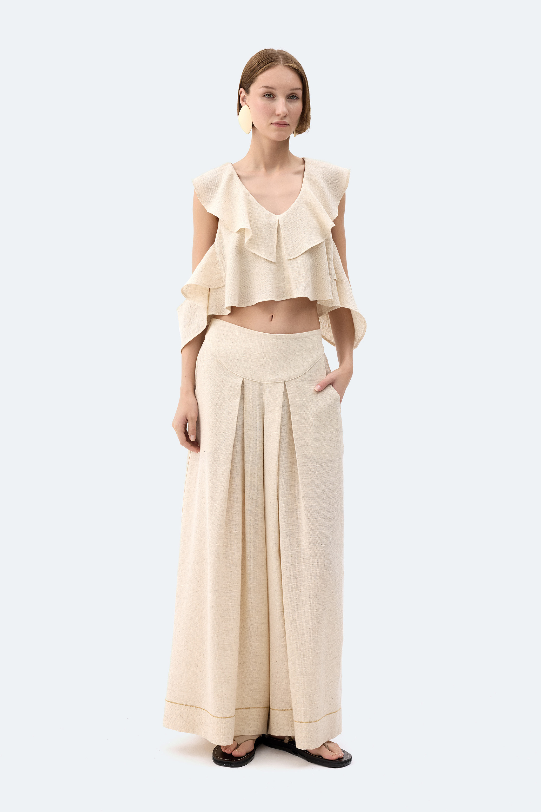 Natural Linen Frilled Blouse