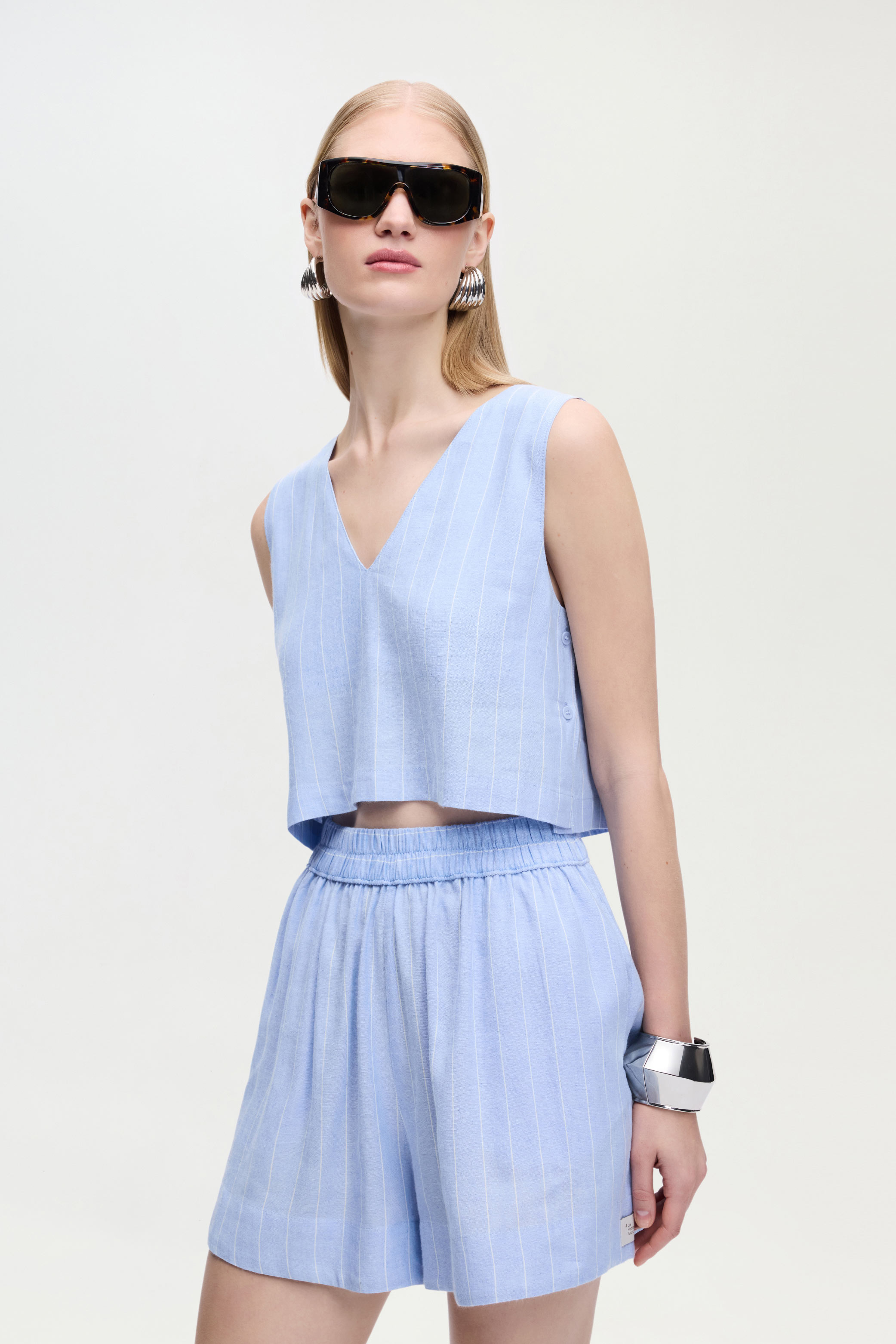 Keten Karışımlı Çizgili Bluz