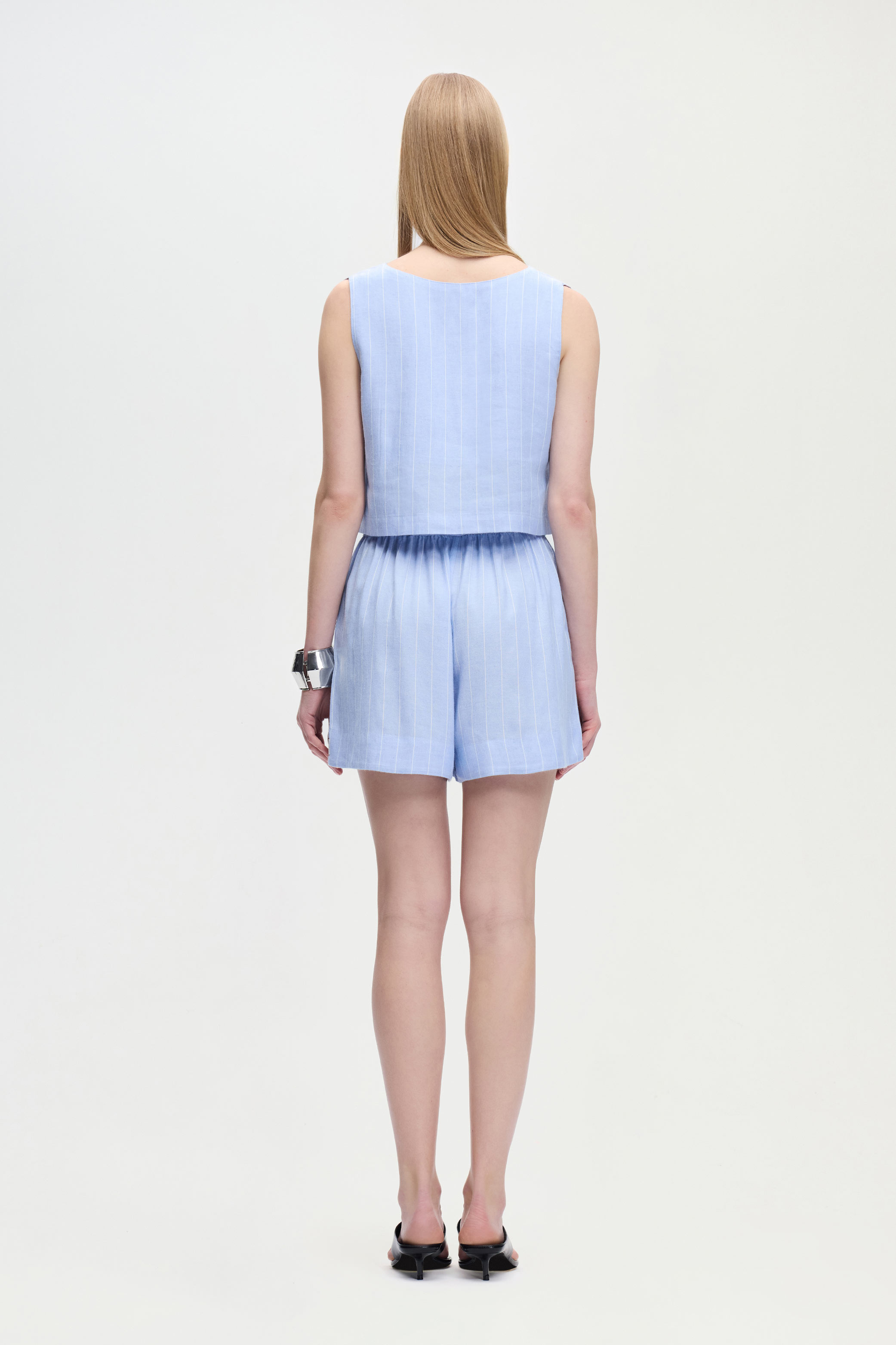 Keten Karışımlı Çizgili Şort