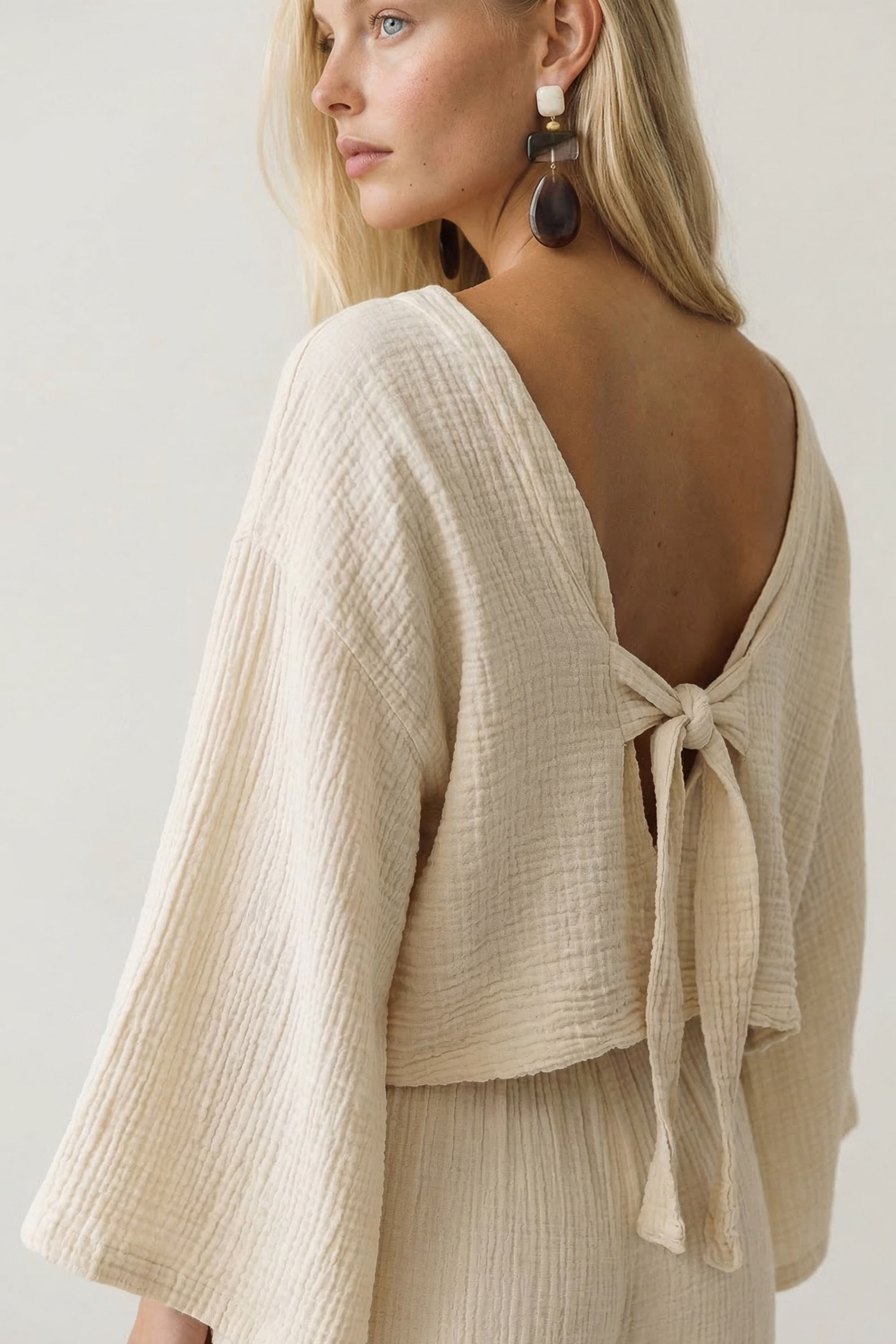 Crinkle Long Sleeve Open-Back Blouse