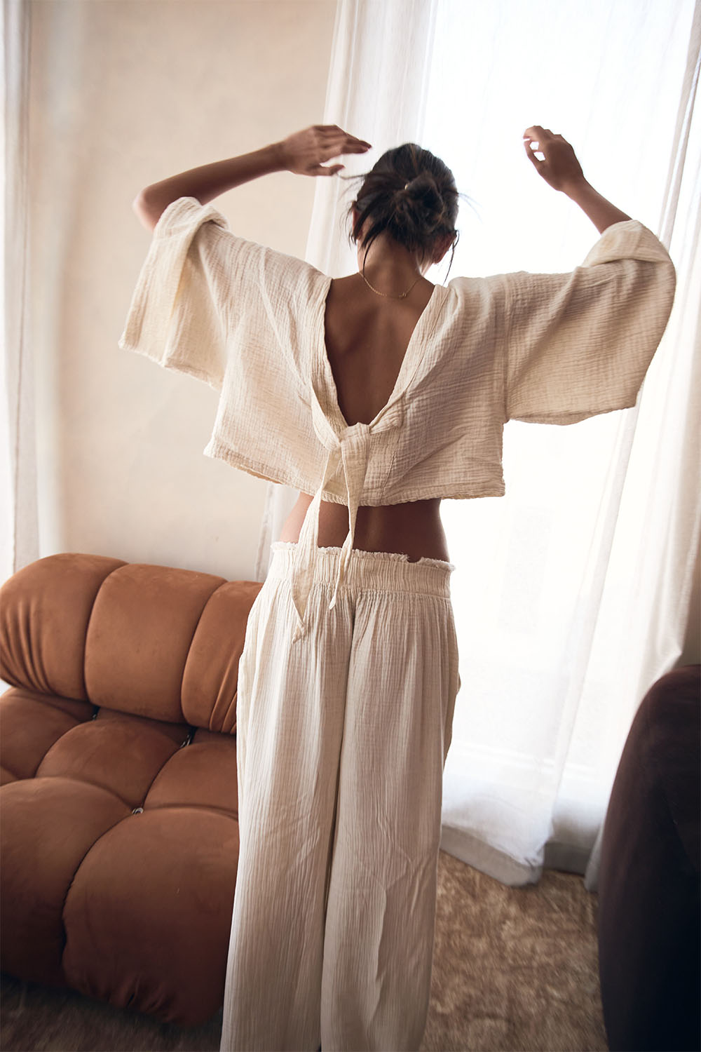 Crinkle Long Sleeve Open-Back Blouse