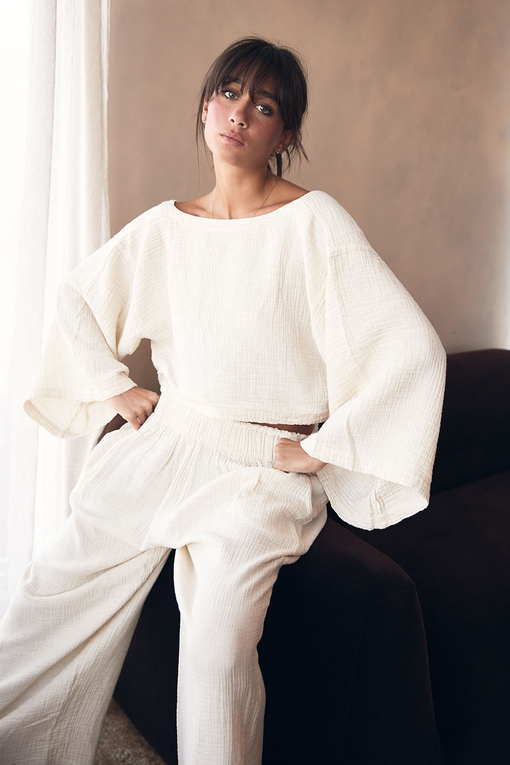 Crinkle Long Sleeve Open-Back Blouse