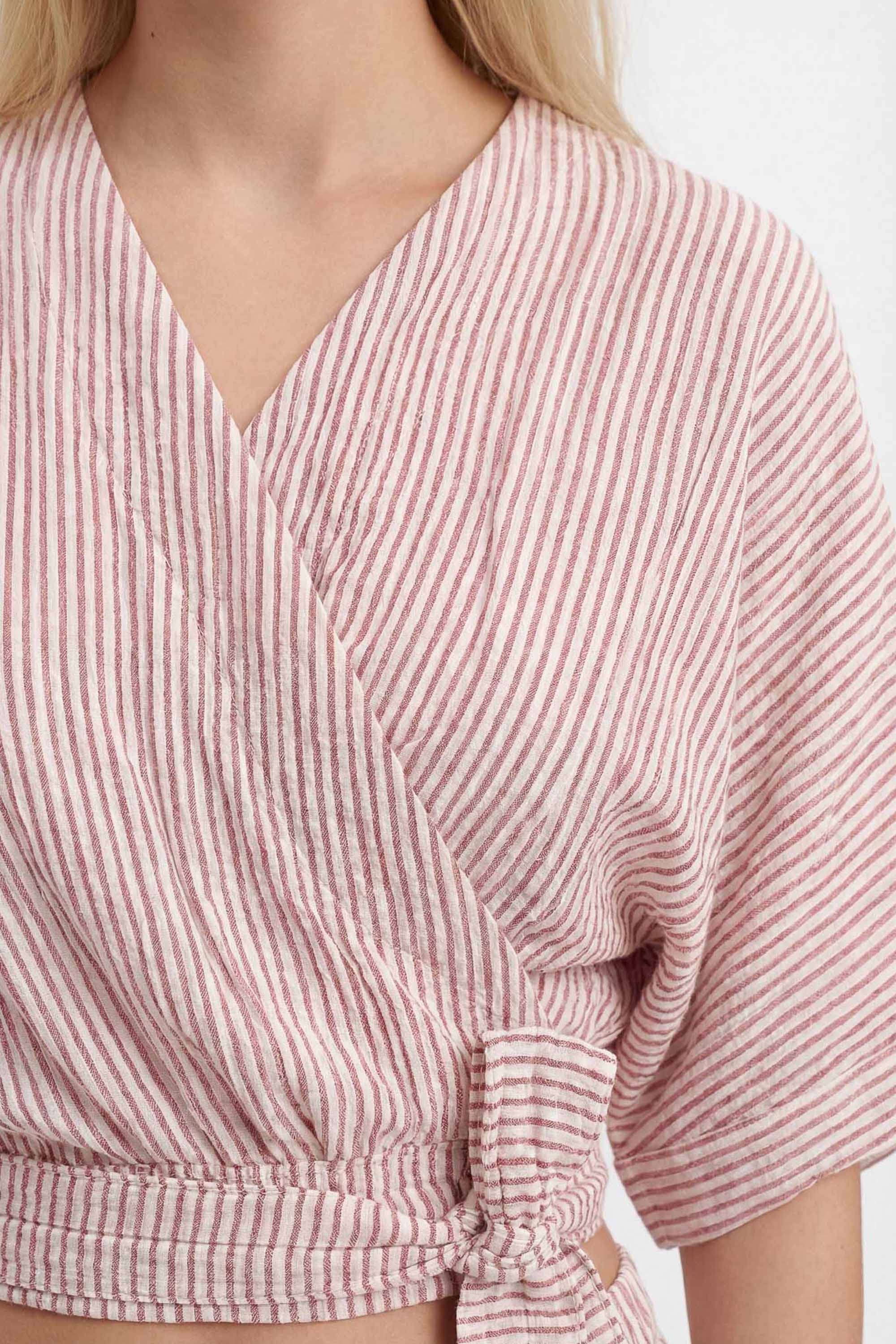 Crinkle Kırmızı Çizgili Bağlamalı Bluz