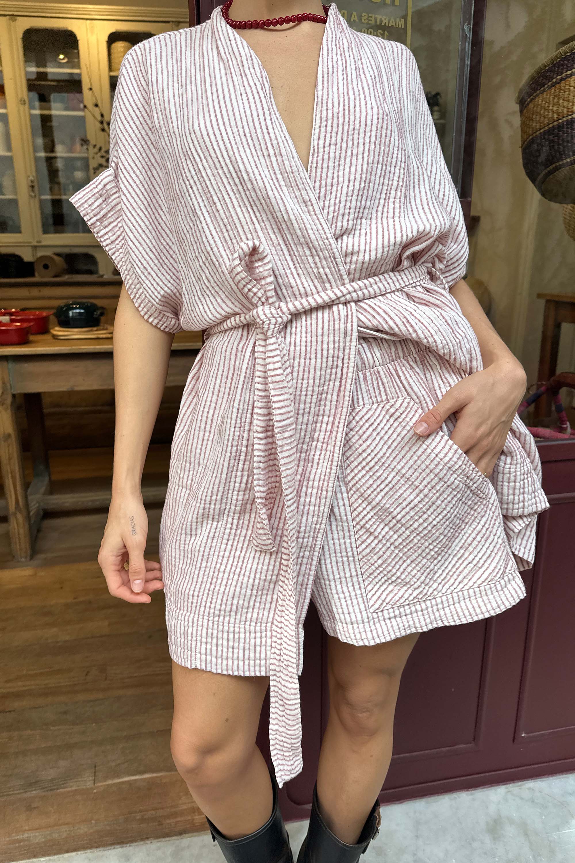 Crinkle Red Striped Short Kimono
