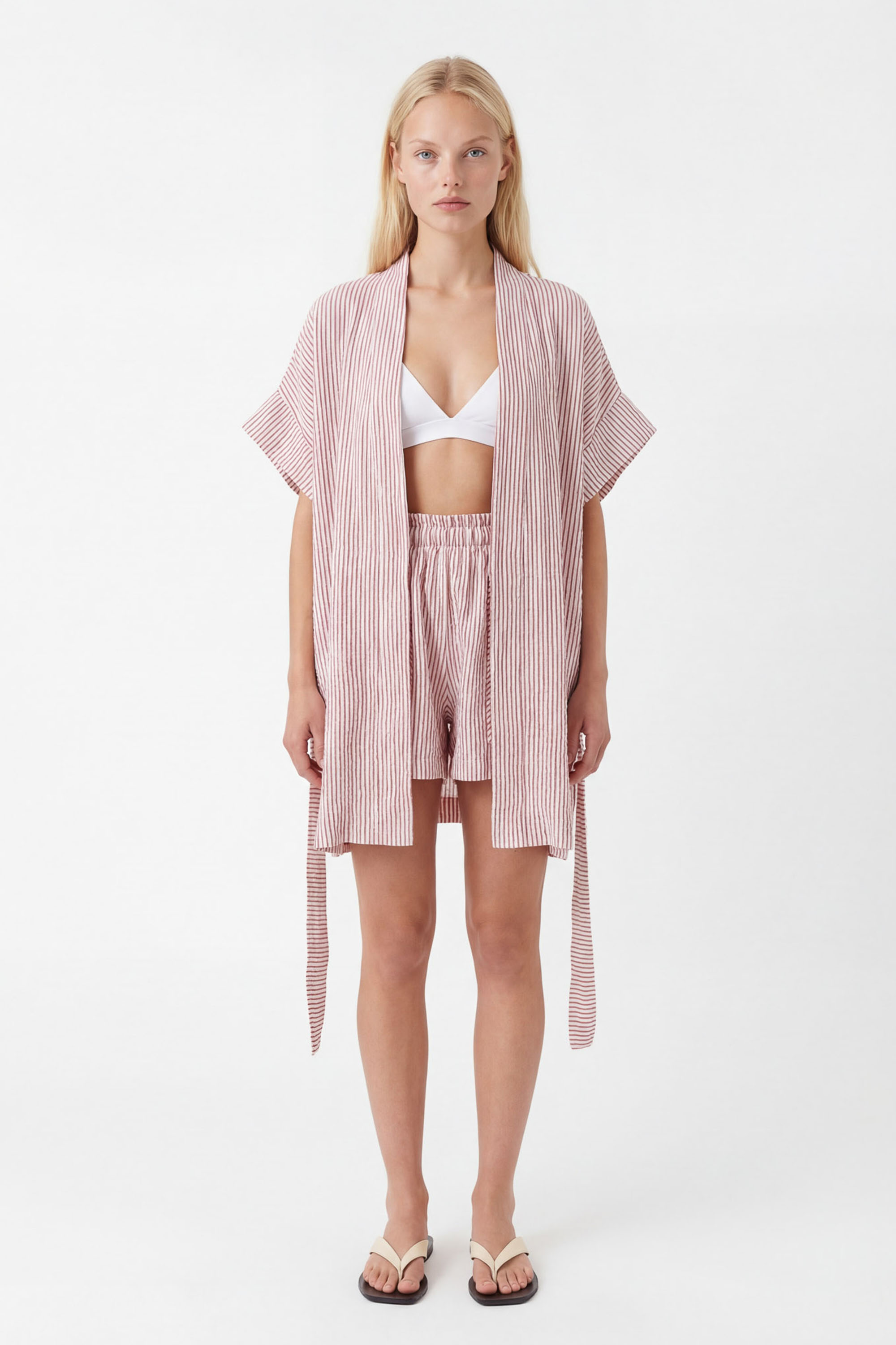 Crinkle Kırmızı Çizgili Kısa Kimono