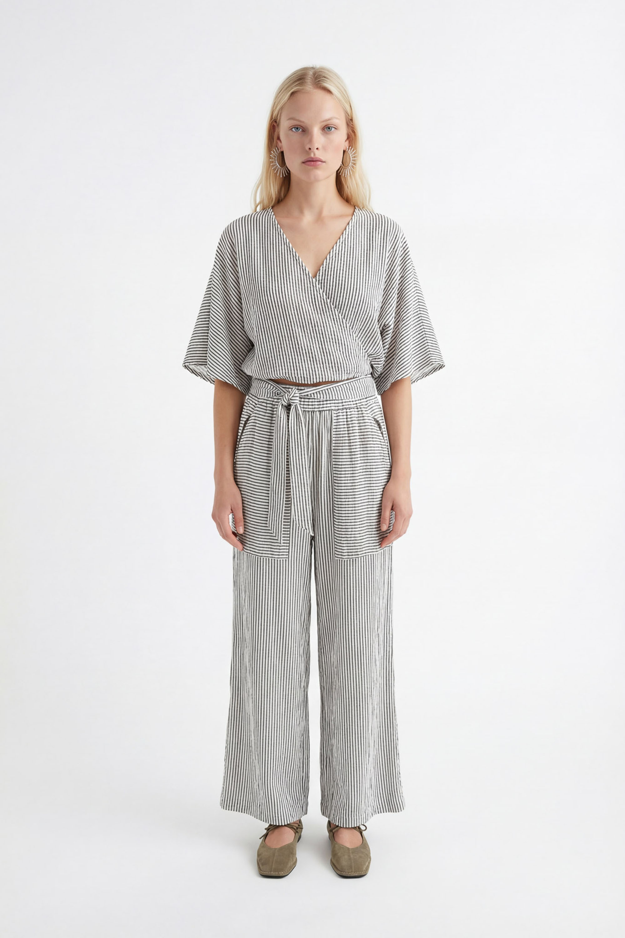 Crinkle Black Striped Tie Blouse