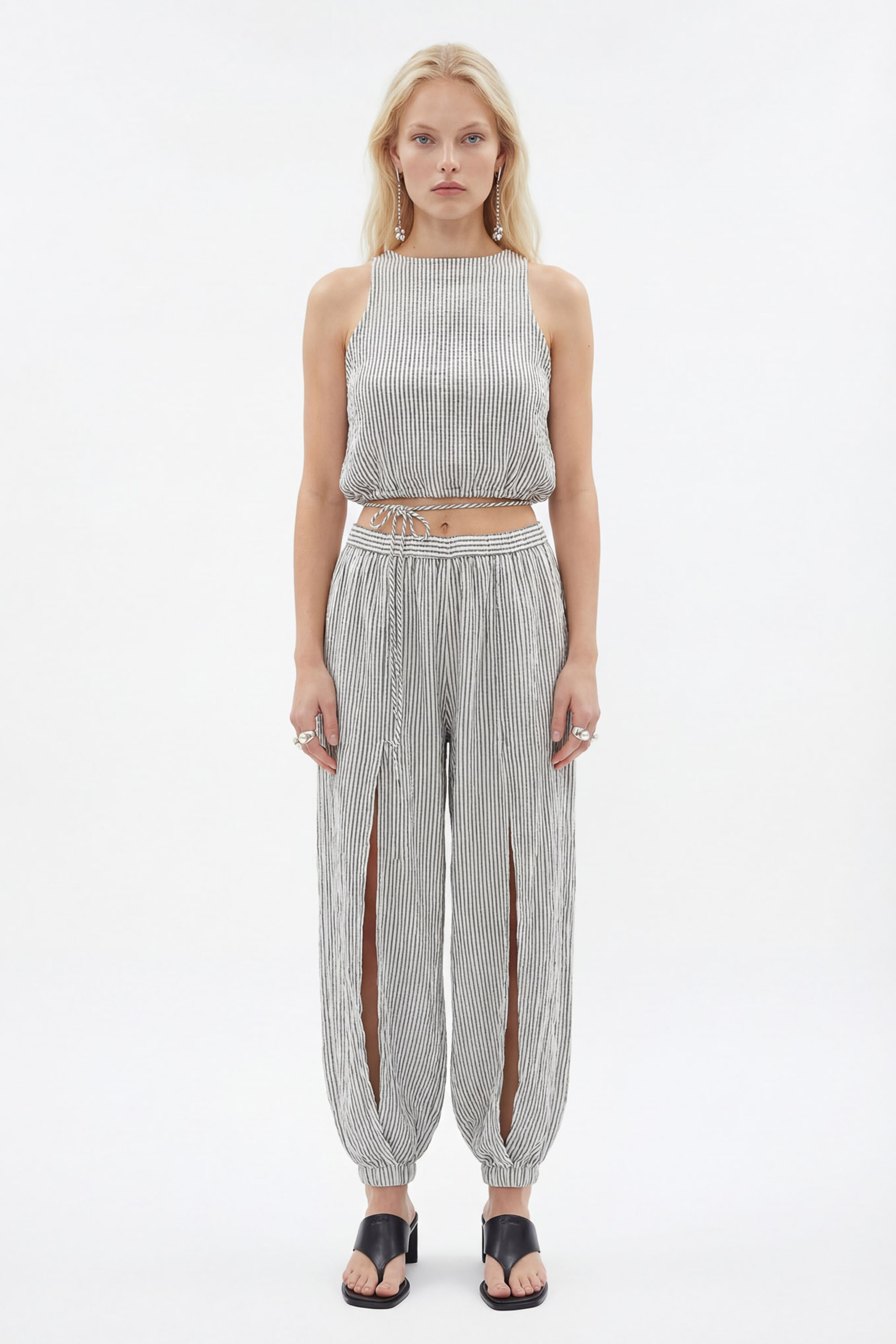 Crinkle Black Striped Slit Jogger Pants