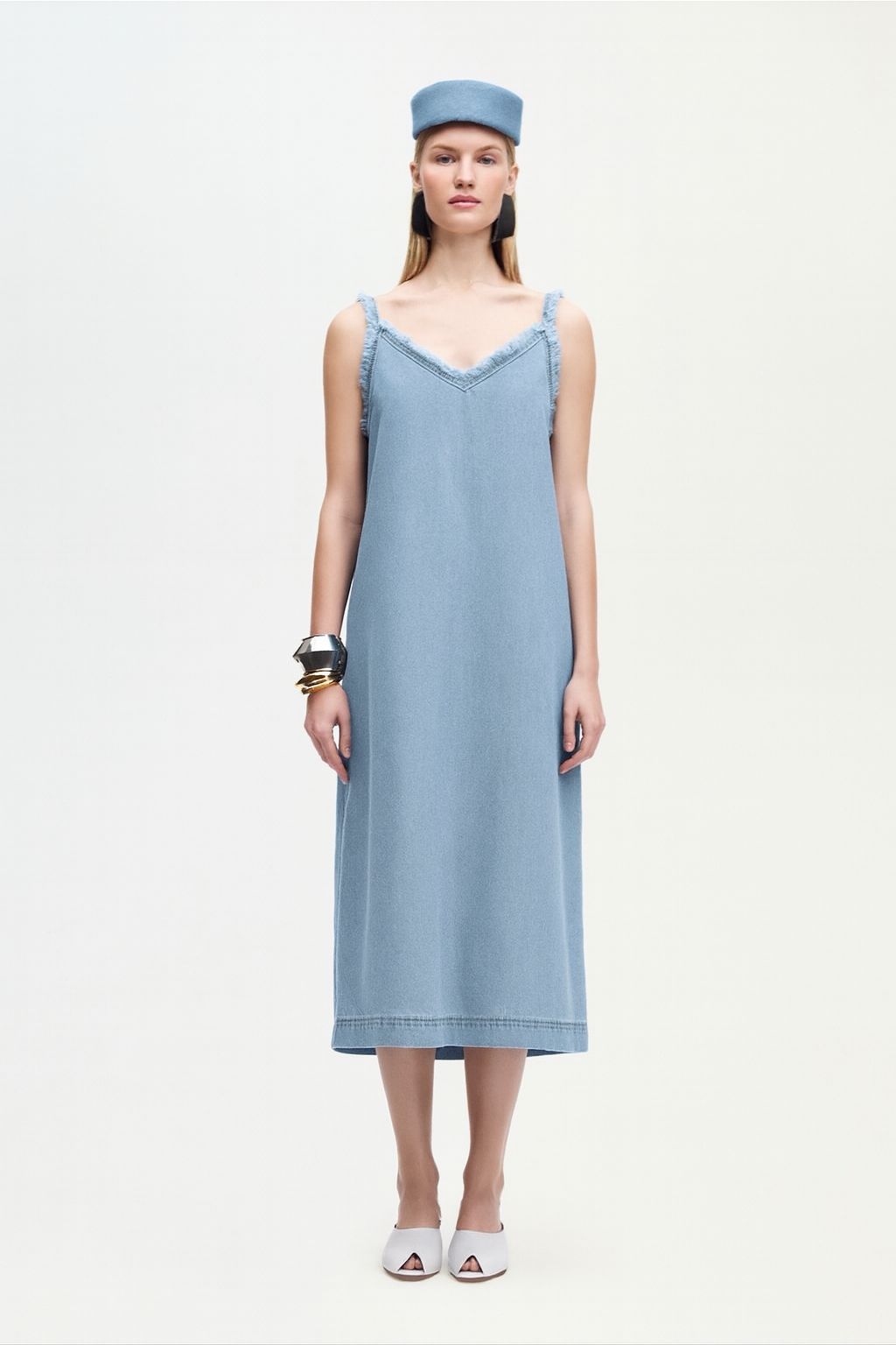 Light Blue Denim Strappy Midi Dress