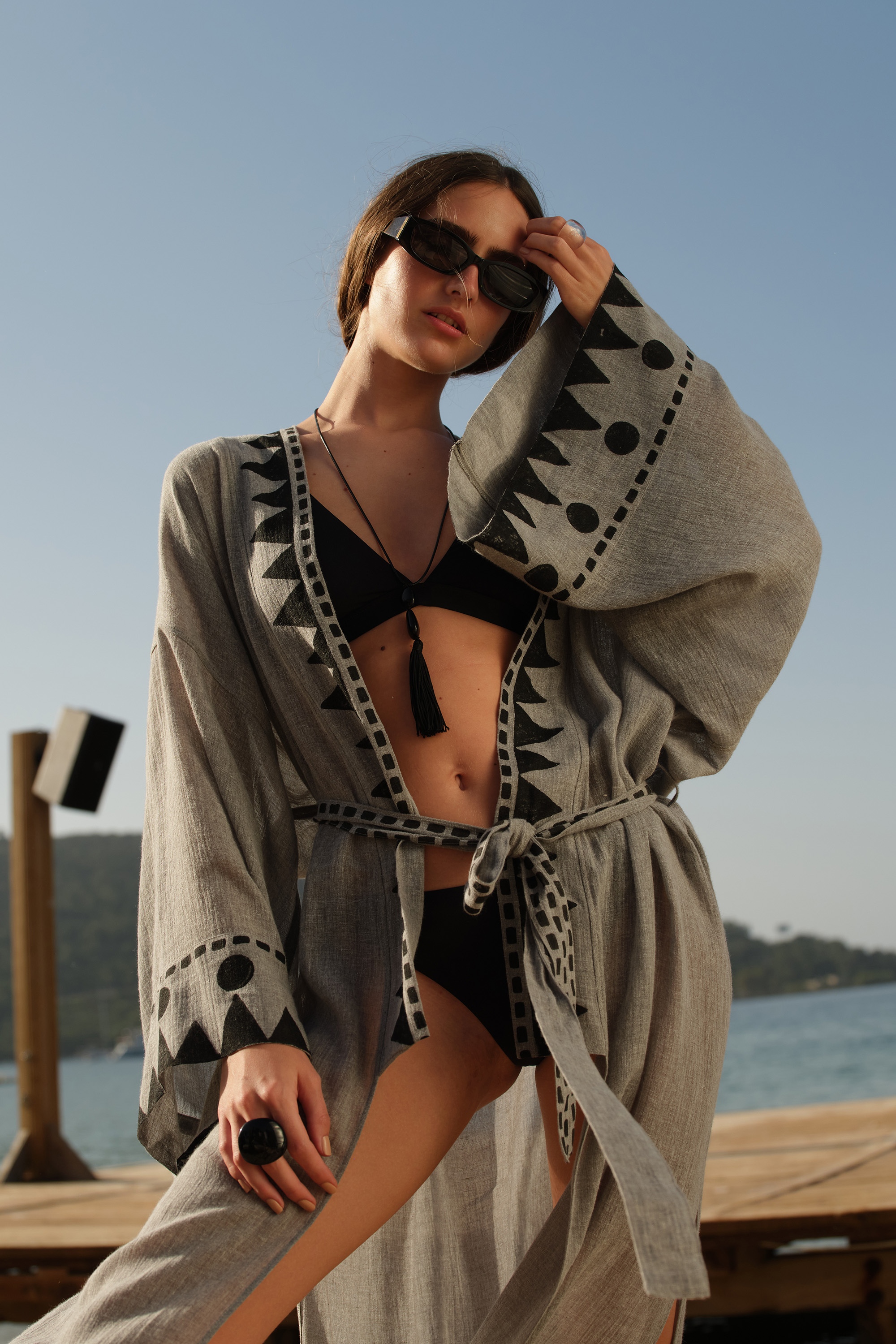Gray Linen Printed Kimono
