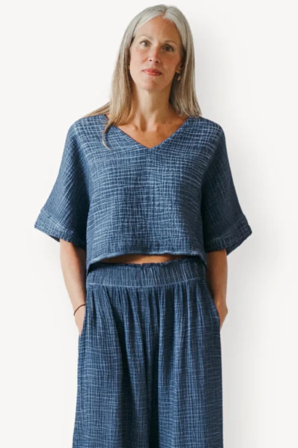 Crinkle Cotton Indigo Crop Top
