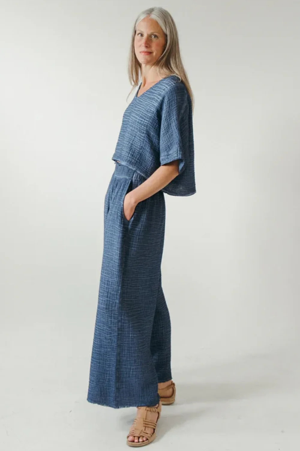 Crinkle Cotton Indigo Palazzo Pants