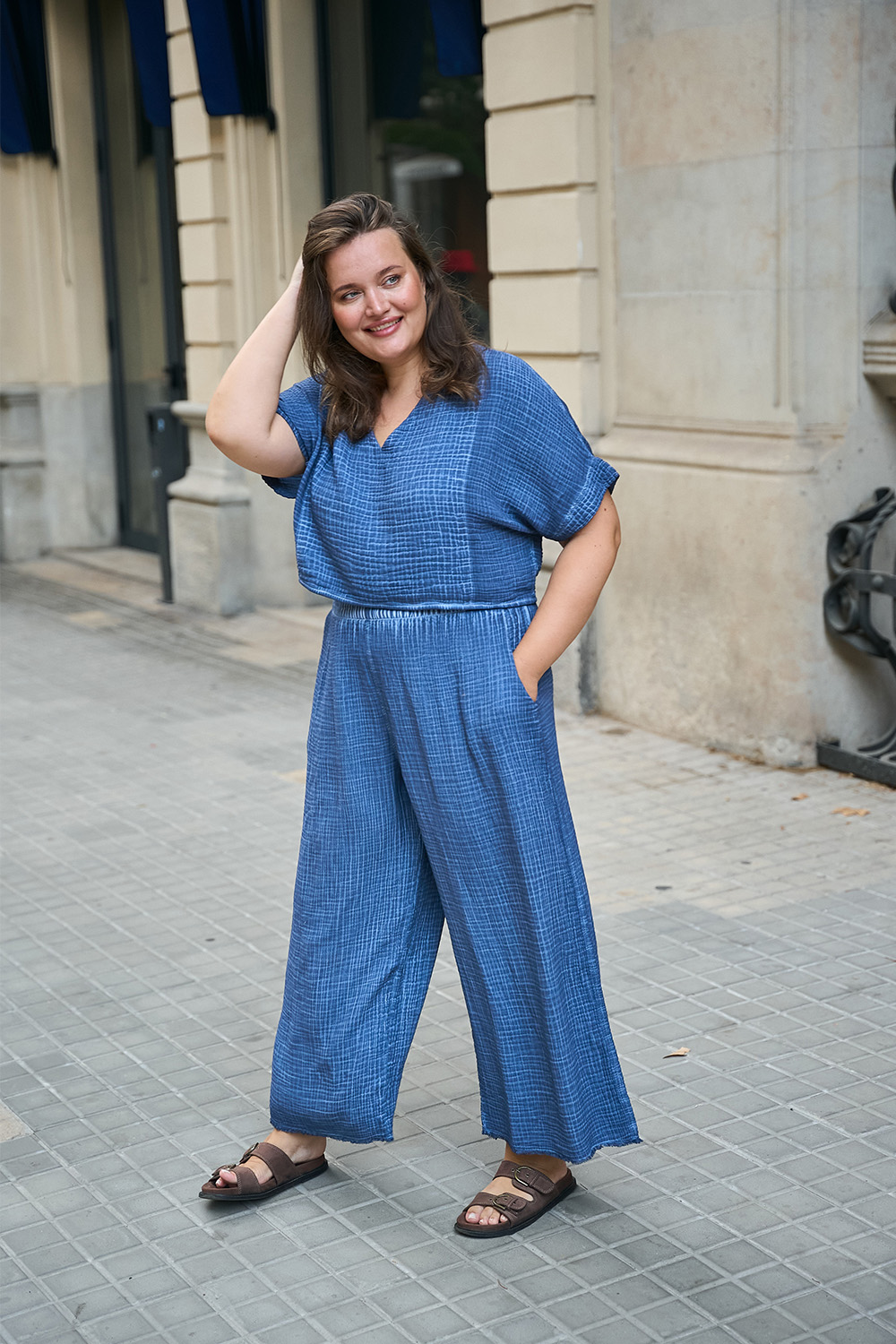 Crinkle Cotton Indigo Palazzo Pants