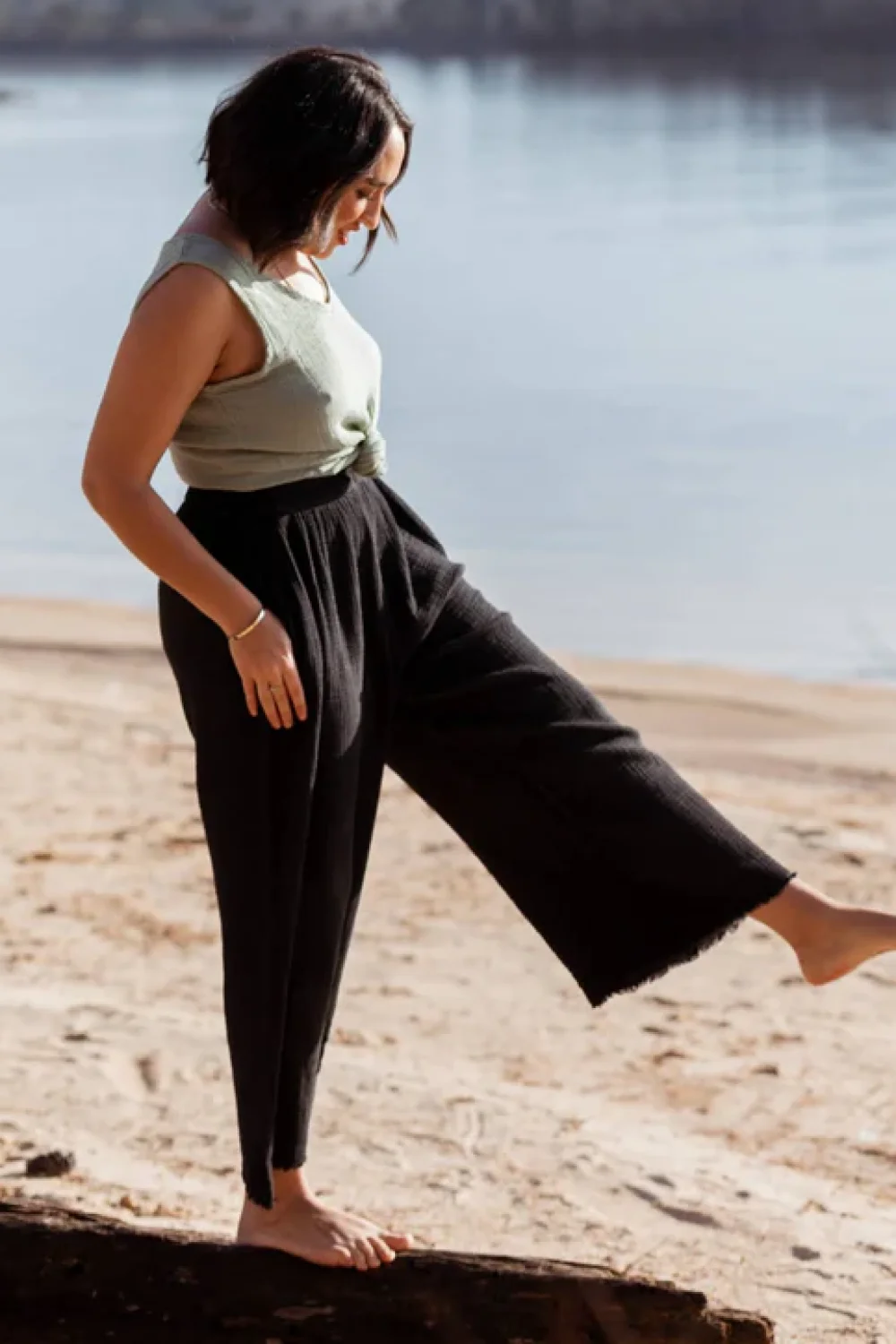 Crinkle Cotton Black Palazzo Pants