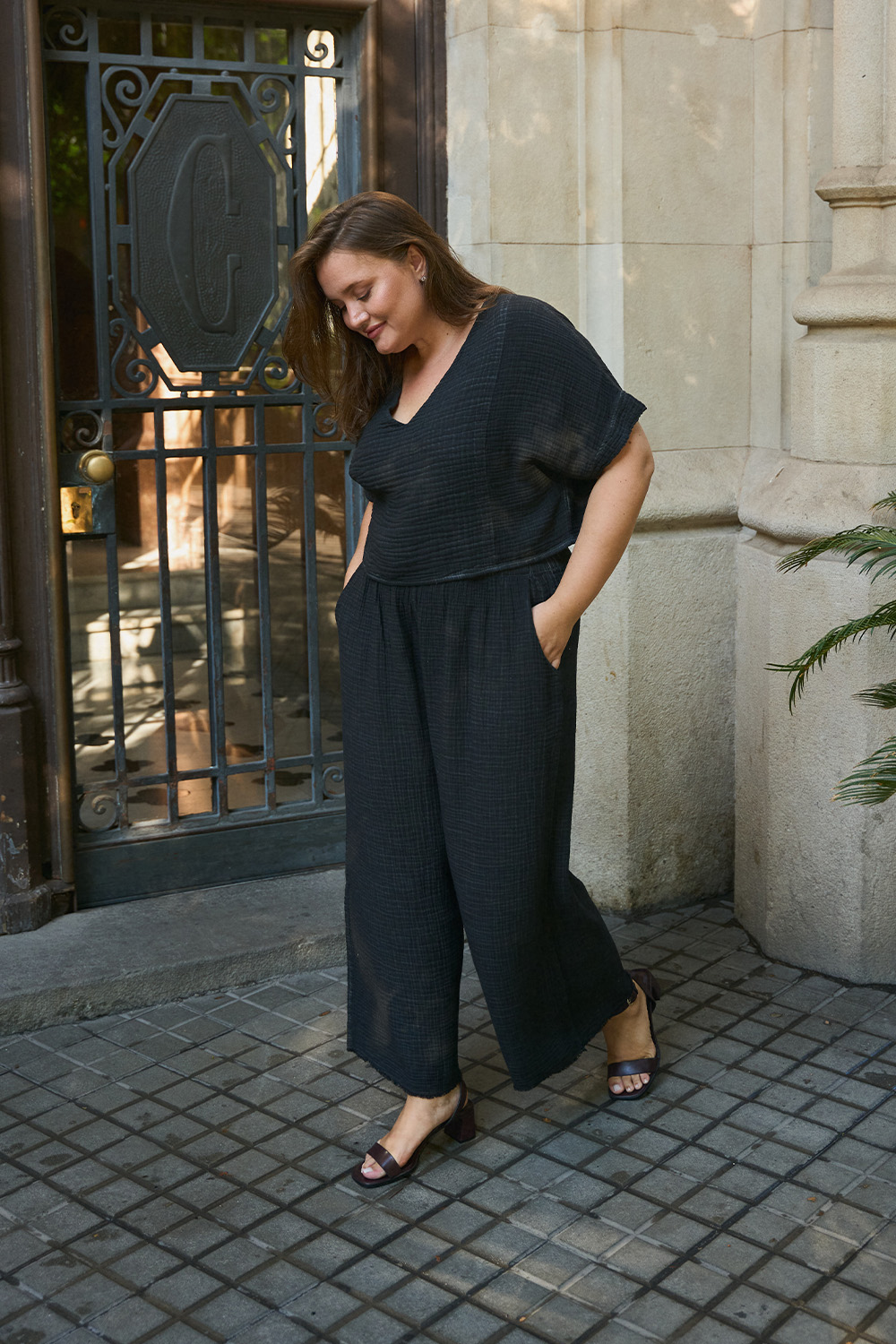 Crinkle Cotton Black Palazzo Pants