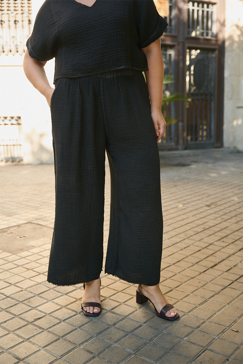 Crinkle Cotton Black Palazzo Pants