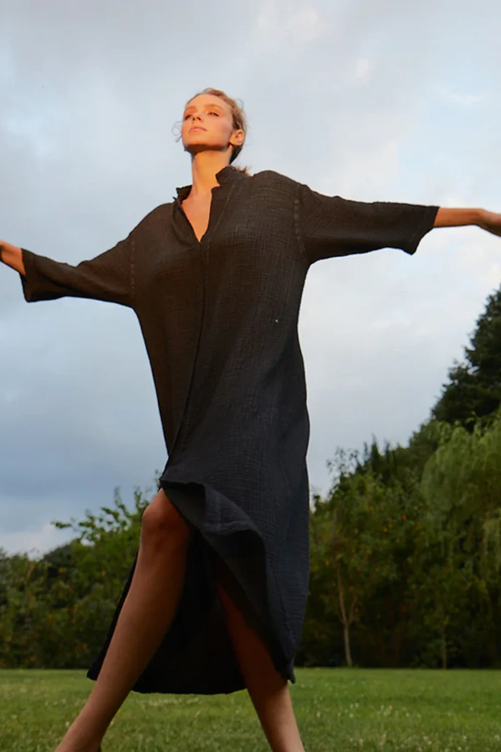 Crinkle Cotton Black Shirt Dress