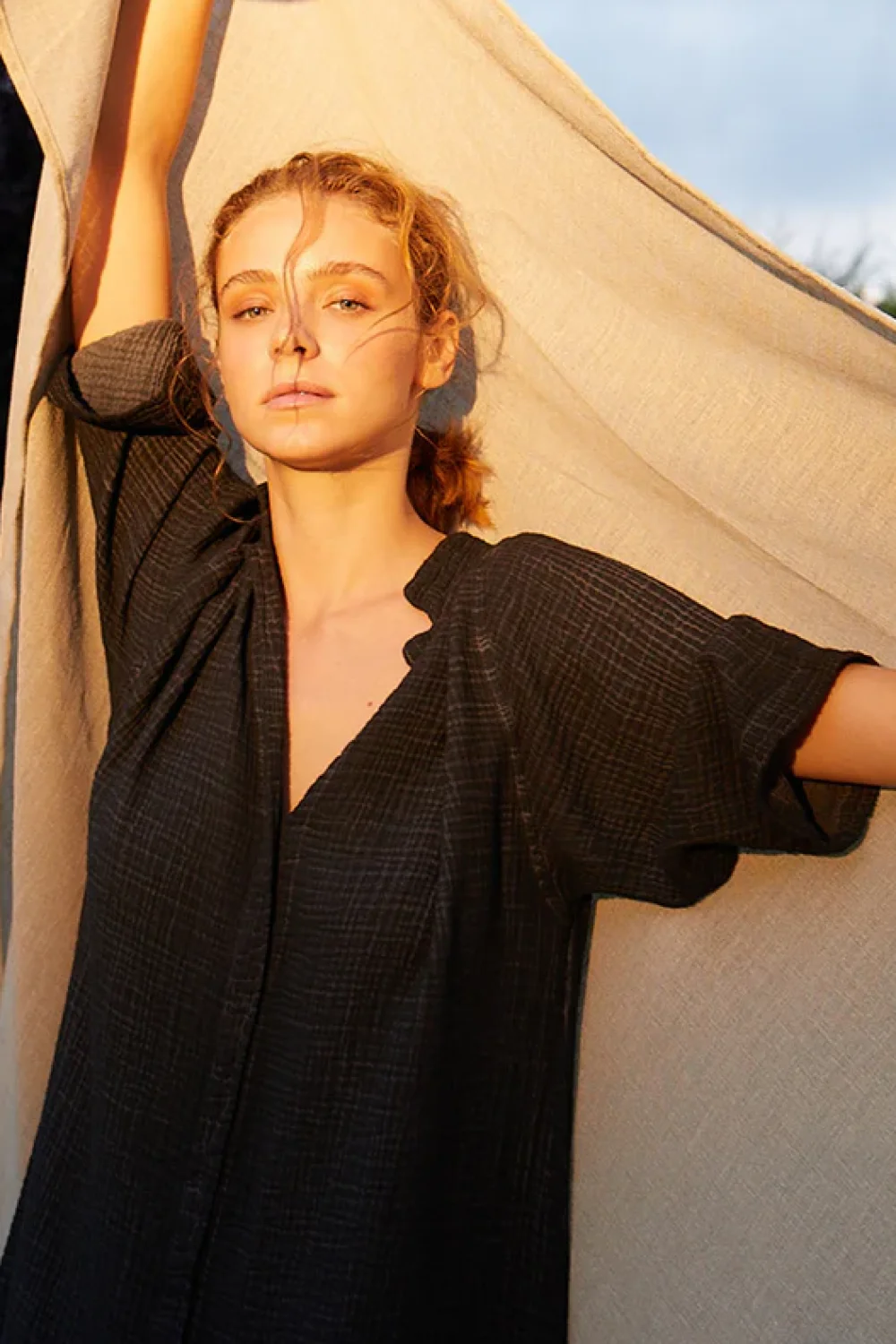 Crinkle Cotton Black Shirt Dress