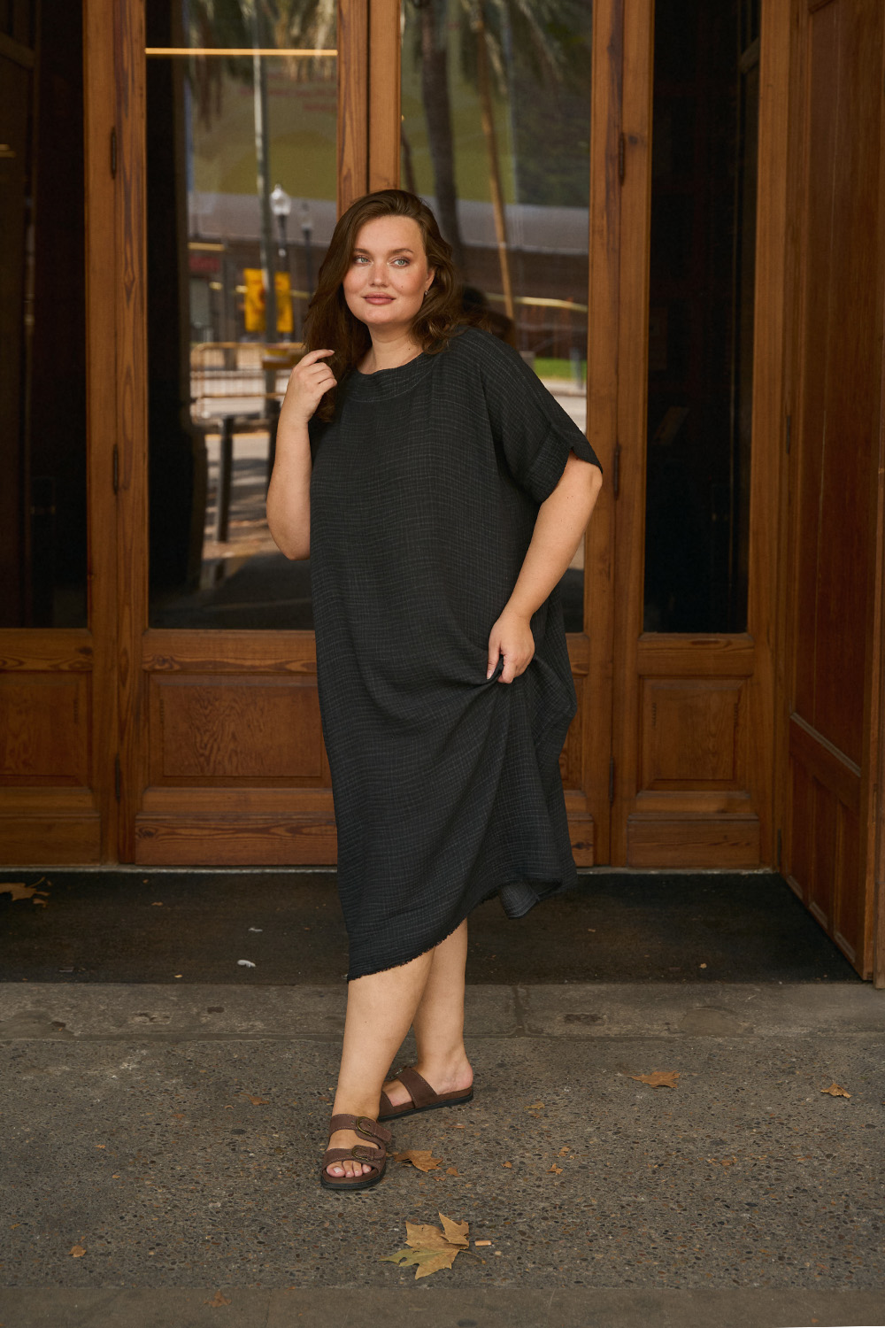 Crinkle Cotton Black Balloon Dress