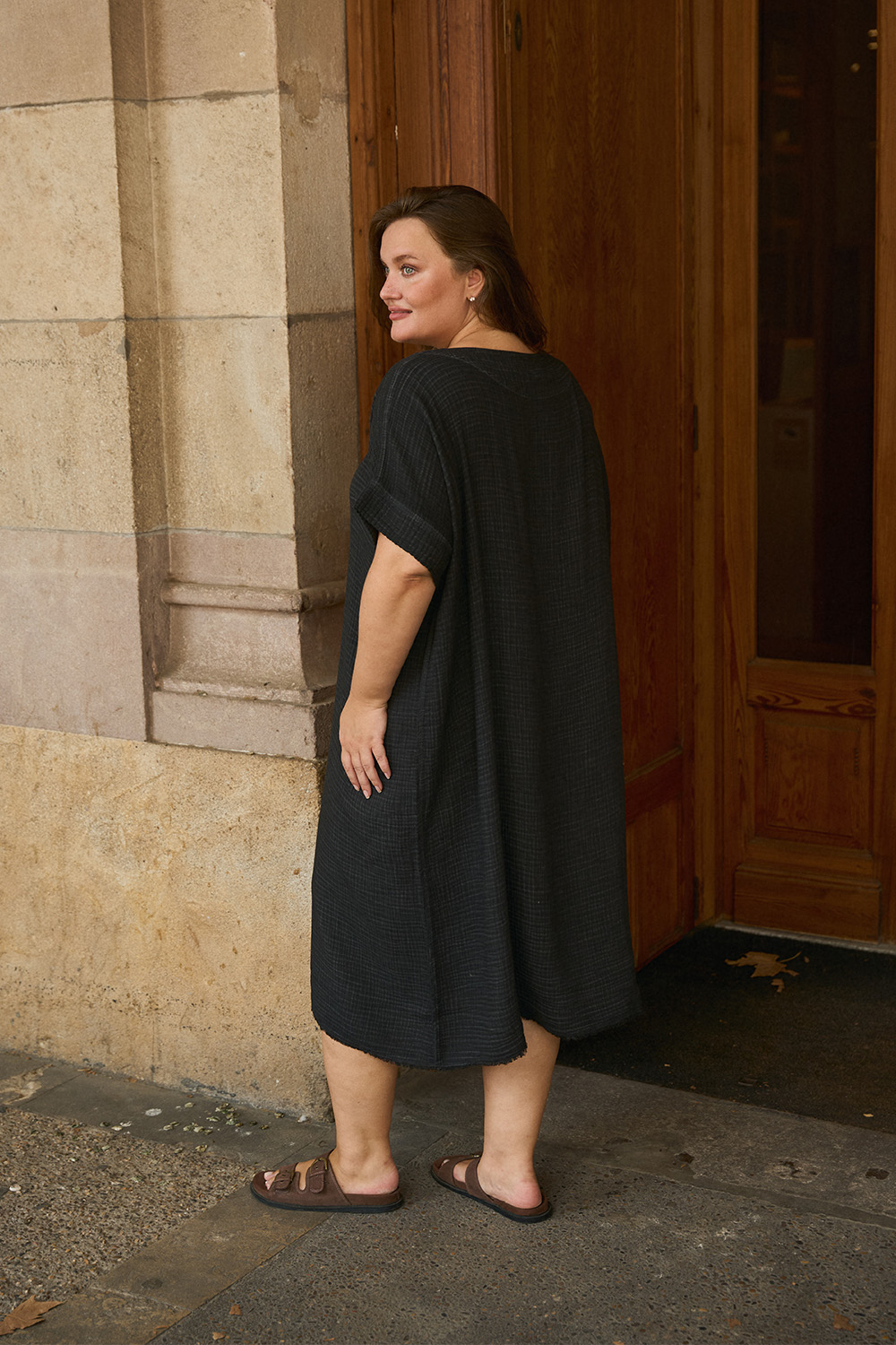 Crinkle Cotton Black Balloon Dress