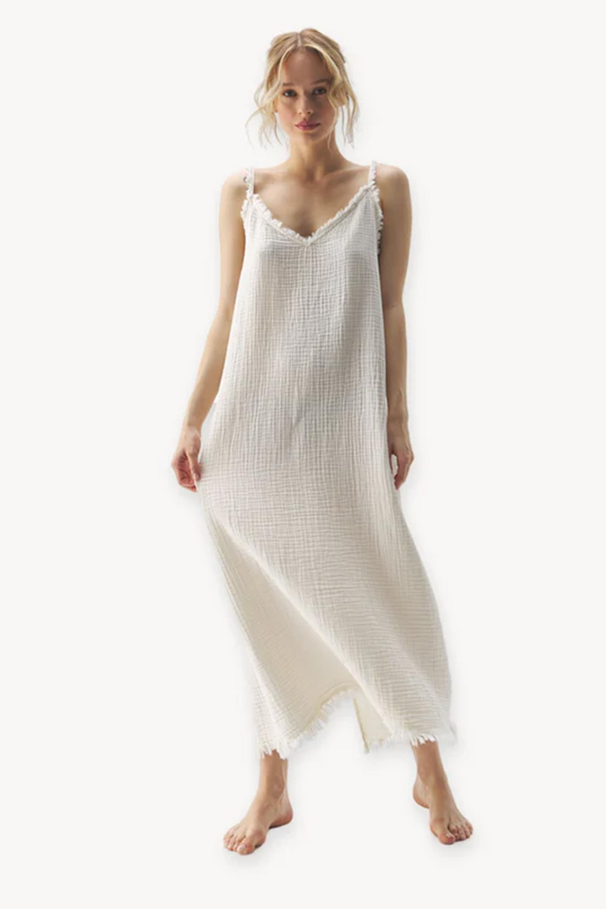 Crinkle Cream Cotton Strappy Dress