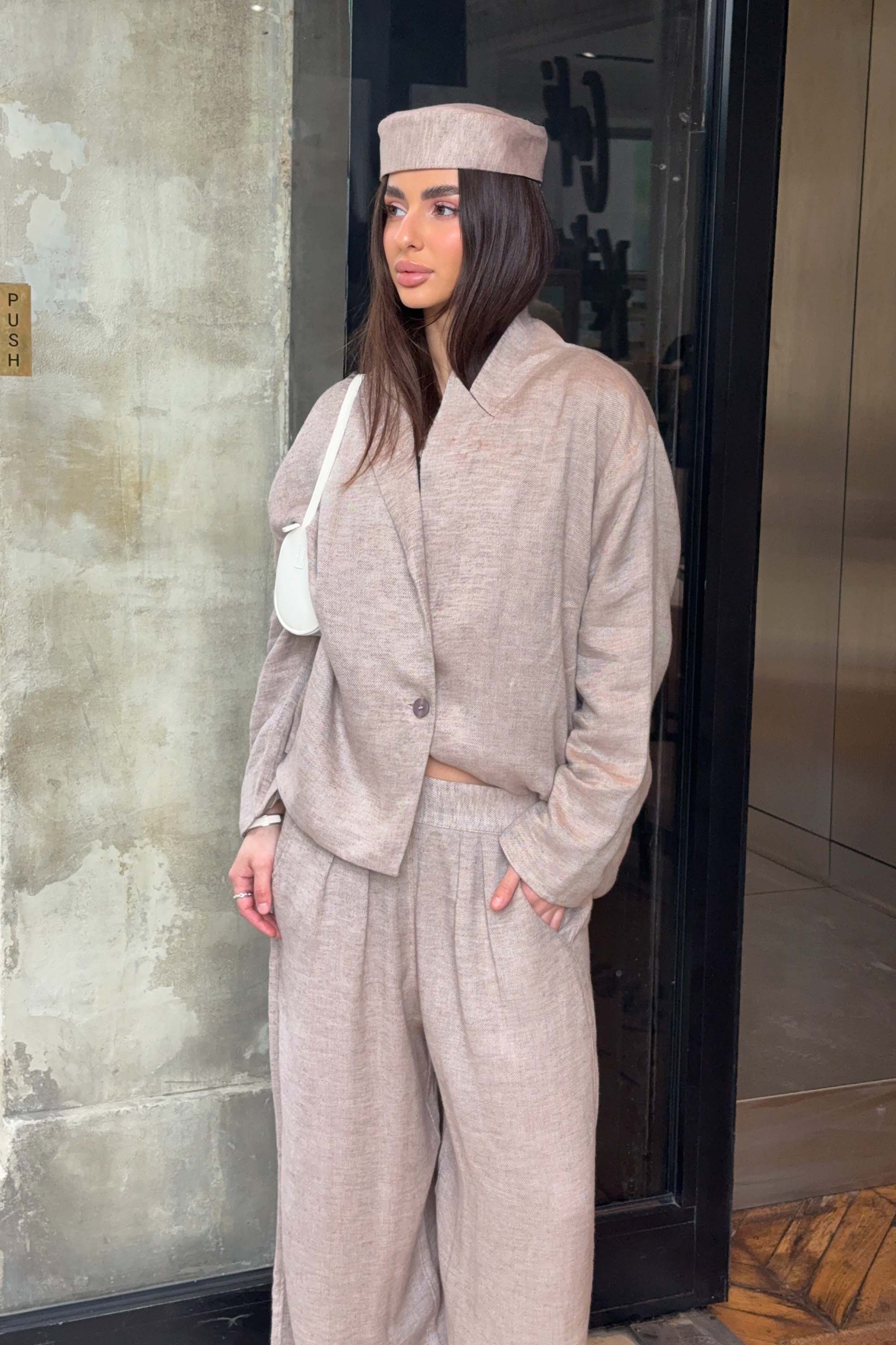 Tencel Keten Kahve Kırçıllı Güllü Ceket