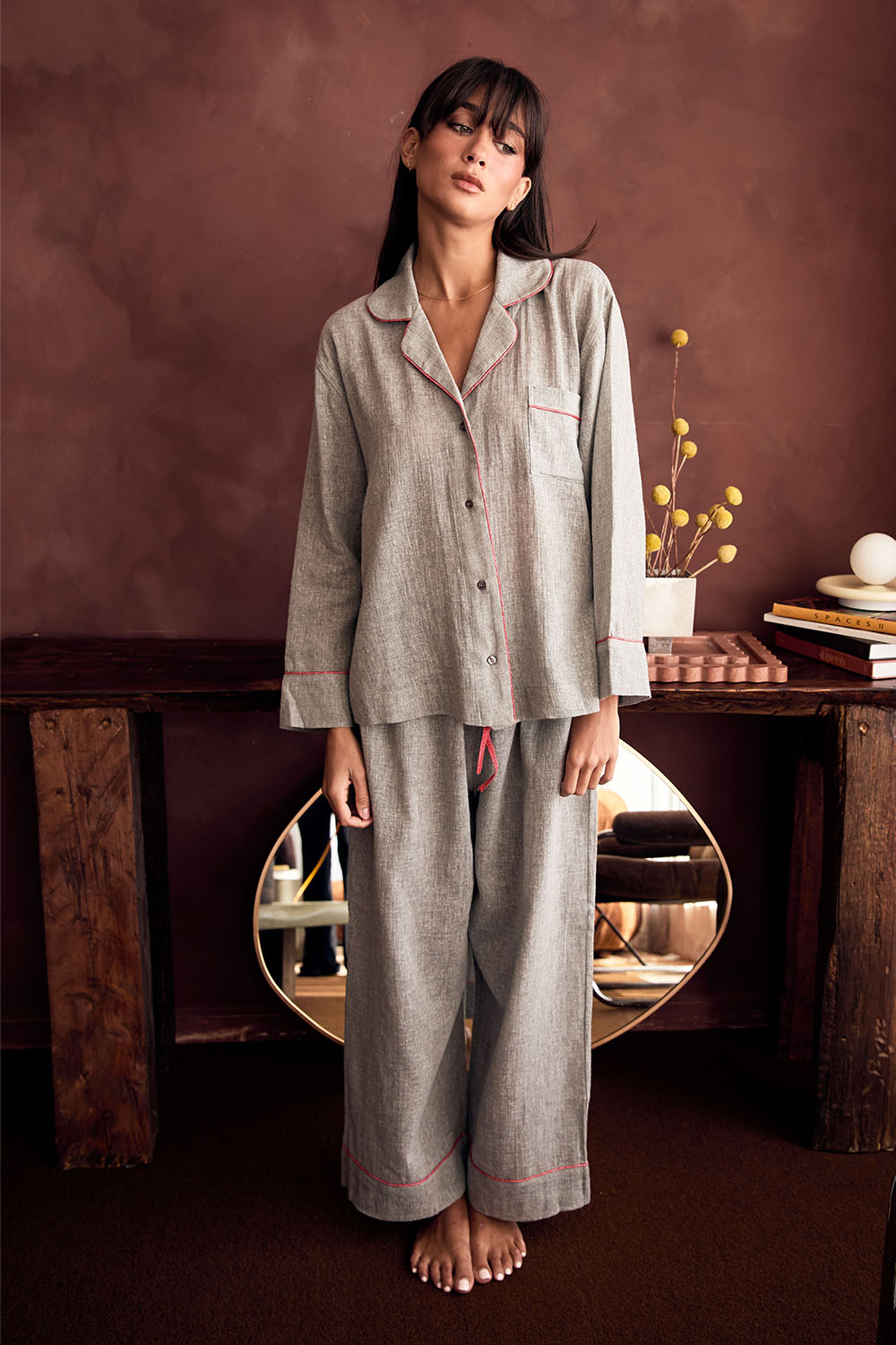 Gray Linen Burgundy Piping Pants